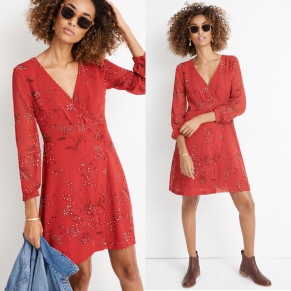 Madewell Hazelwood Wrap-Front Floral Mini Dress In Red Size 12 EUC - Picture 1 of 12
